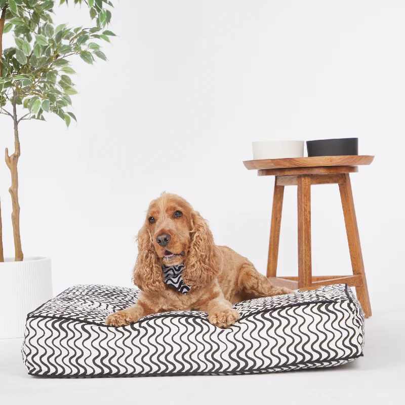 Cushion Dog Bed - Black Wave Print