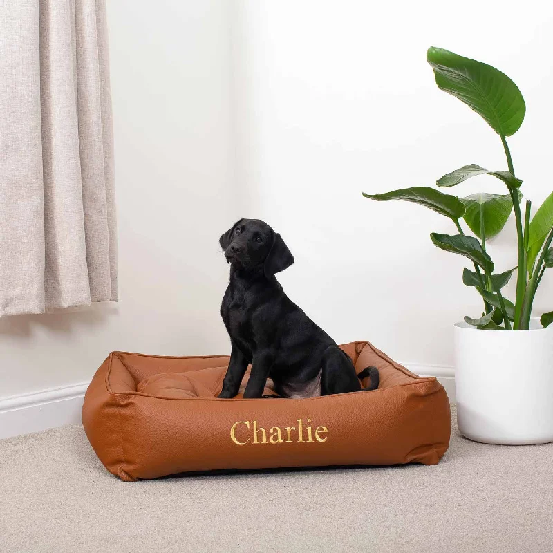 Personalised Box Bed For Dogs in Rhino Tough Ember Faux Leather by Lords & Labradors