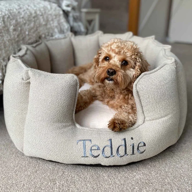 Personalised High Wall Bed For Dogs in Natural Herringbone Tweed by Lords & Labradors