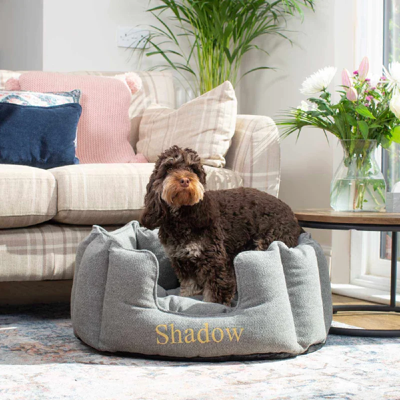 Personalised High Wall Bed For Dogs in Pewter Herringbone Tweed by Lords & Labradors