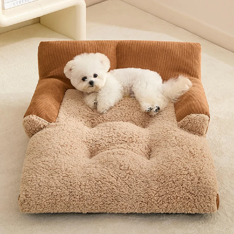 Spacious Warm Corduroy Raised Backrest Dog & Cat Sofa Bed