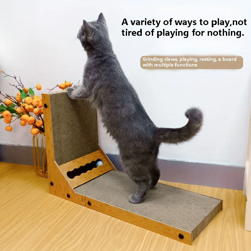 L Shape Cat Scratcher with bell ball, double-sided scratching, vertical wear-resistant and non falling debris, large cat claw board, scratch resistant and anti scratching sofa, corrugated paper, cat