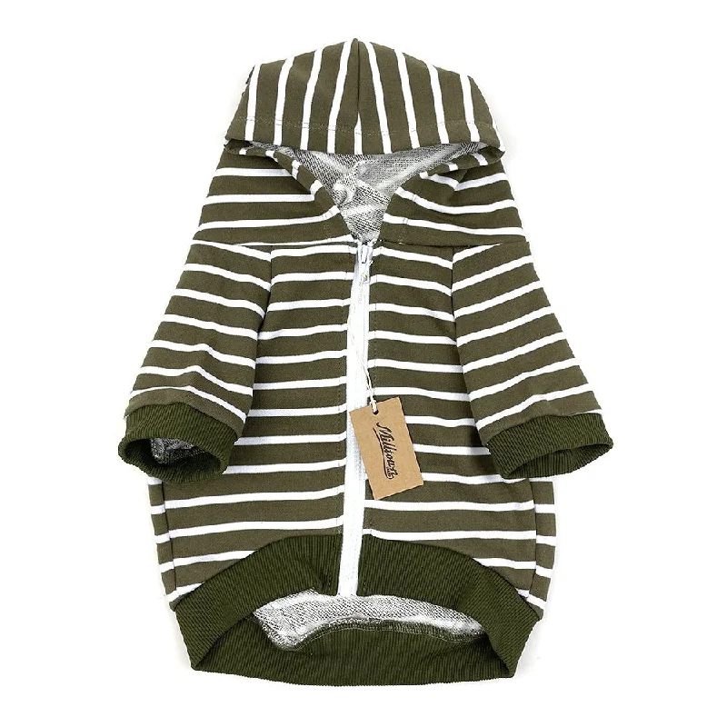 Zip Up Dog Hoodie  - Olive x White Stripe